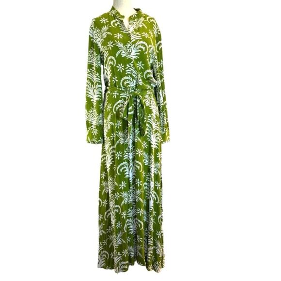 Made in TURKEY ZARA Maxi Dress L/S Button Front Cuff Green White Floral Belt S - Picture 1 of 8